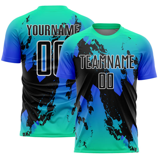 Custom Aqua Black-Thunder Blue Splash Sublimation Soccer Uniform Jersey - Main View