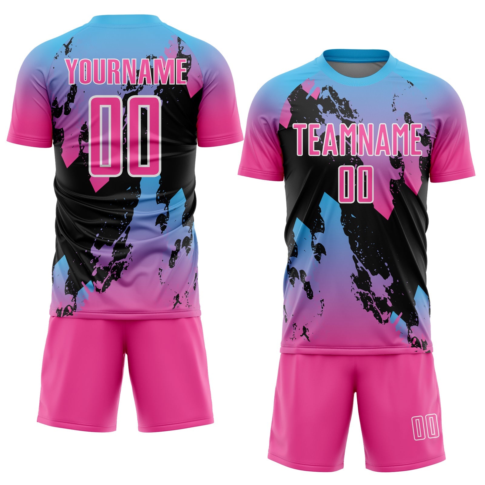 Custom Pink Sky Blue-Black Splash Sublimation Soccer Uniform Jersey view 2