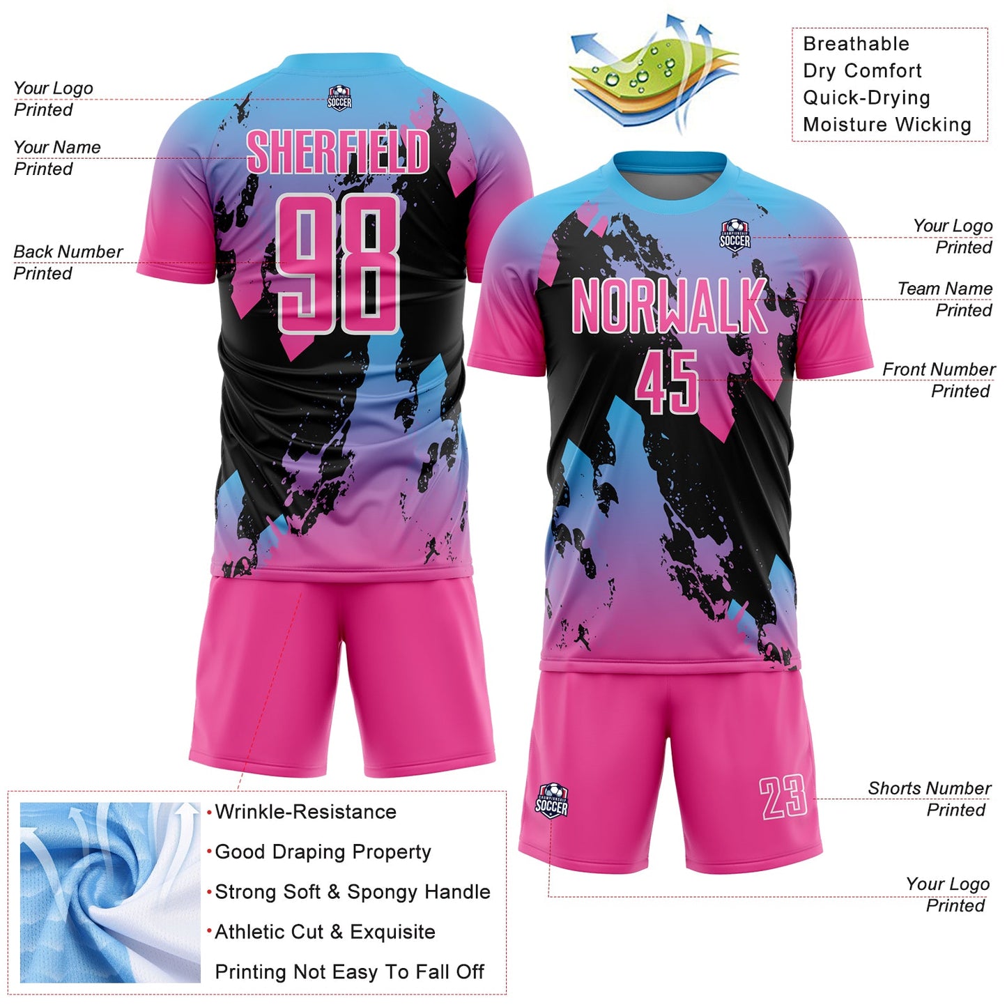 Custom Pink Sky Blue-Black Splash Sublimation Soccer Uniform Jersey view 4