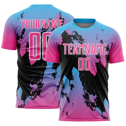 Custom Pink Sky Blue-Black Splash Sublimation Soccer Uniform Jersey - Main View