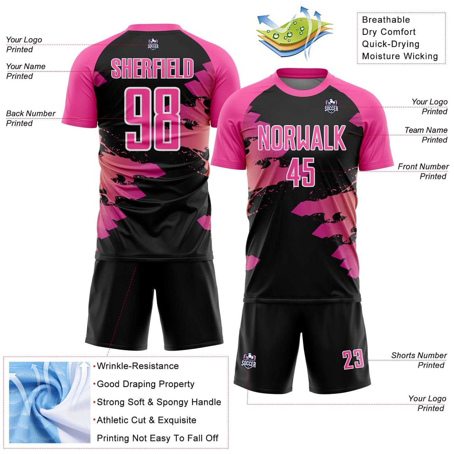 Custom Pink Black-White Splash Sublimation Soccer Uniform Jersey view 4