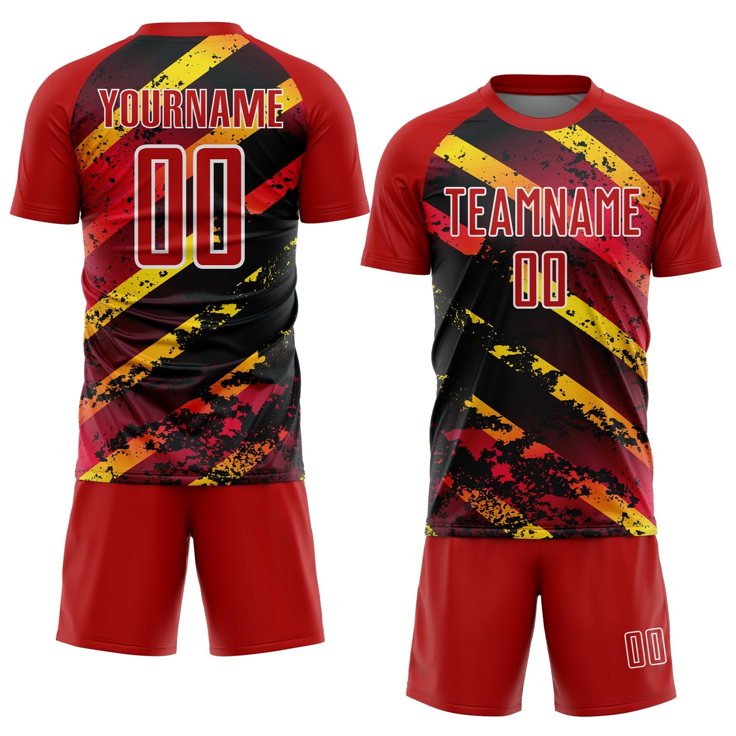 Custom Red Gold-Black Splash Sublimation Soccer Uniform Jersey view 2