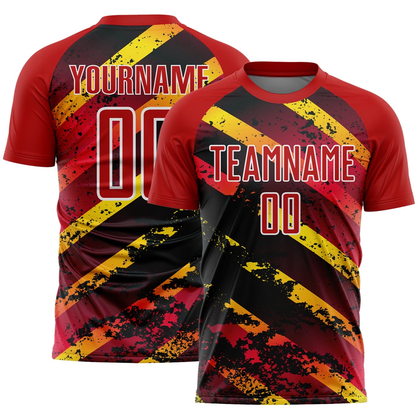 Custom Red Gold-Black Splash Sublimation Soccer Uniform Jersey - Main View