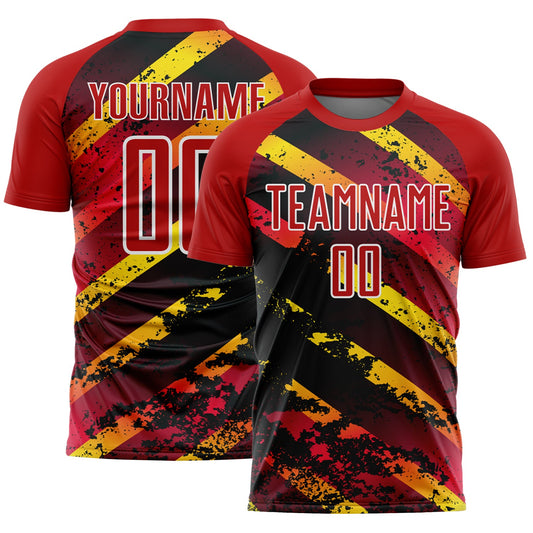 Custom Red Gold-Black Splash Sublimation Soccer Uniform Jersey - Main View