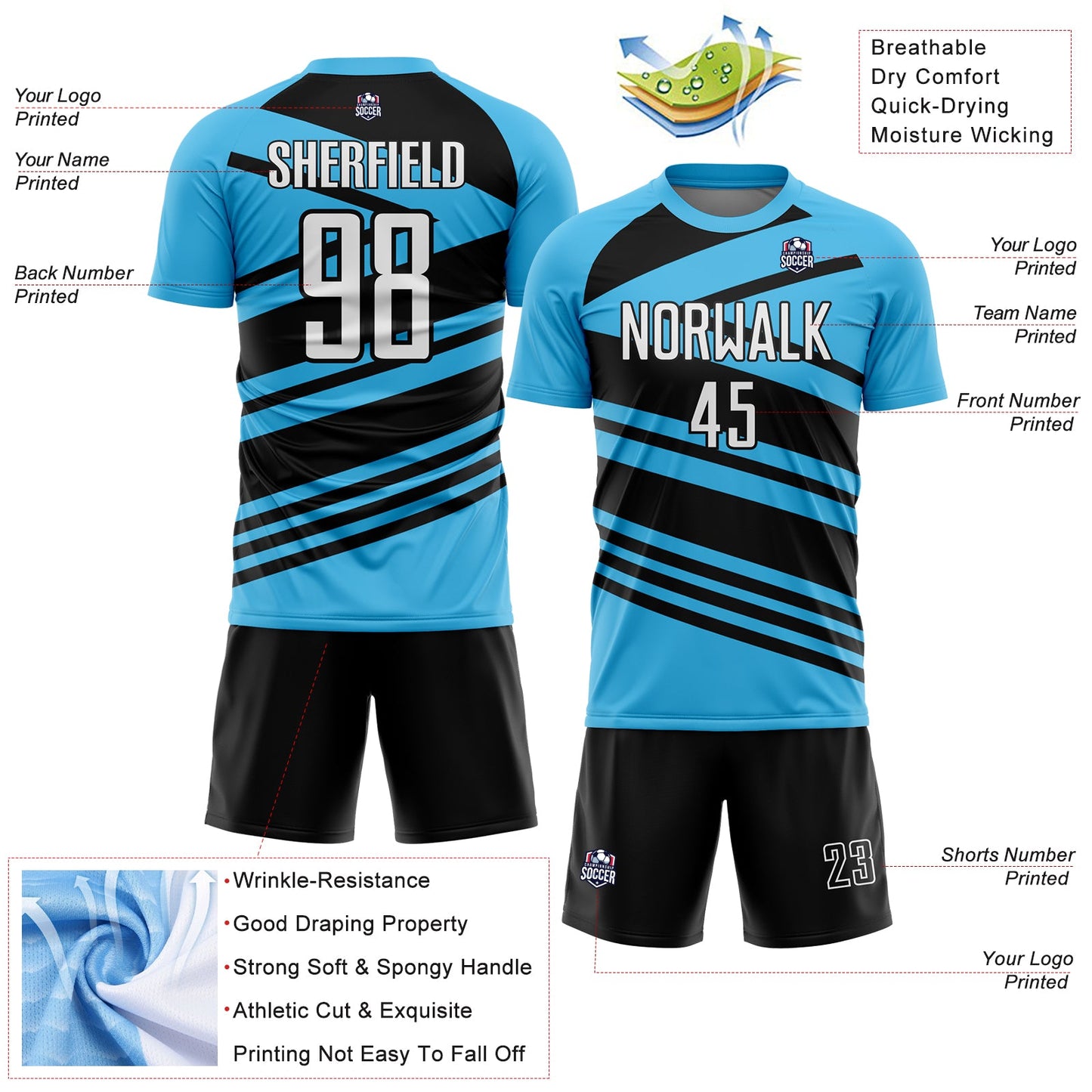 Custom Sky Blue White-Black Line Sublimation Soccer Uniform Jersey view 4