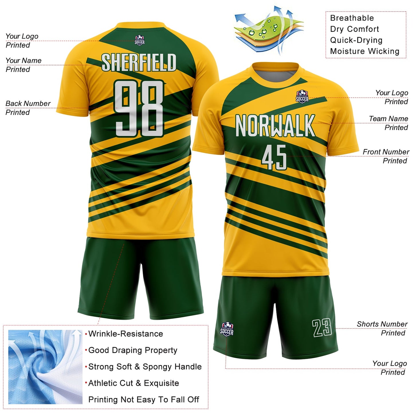 Custom Gold White-Green Line Sublimation Soccer Uniform Jersey view 4