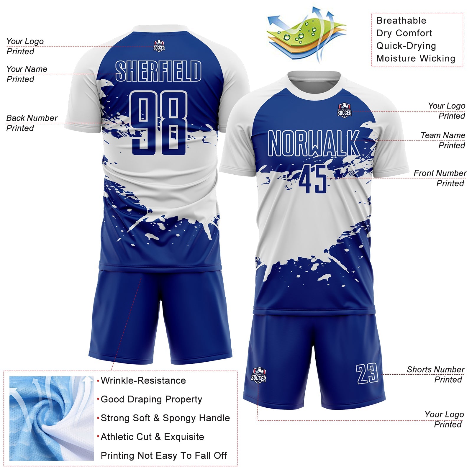 Custom Royal White Splash Sublimation Soccer Uniform Jersey view 4