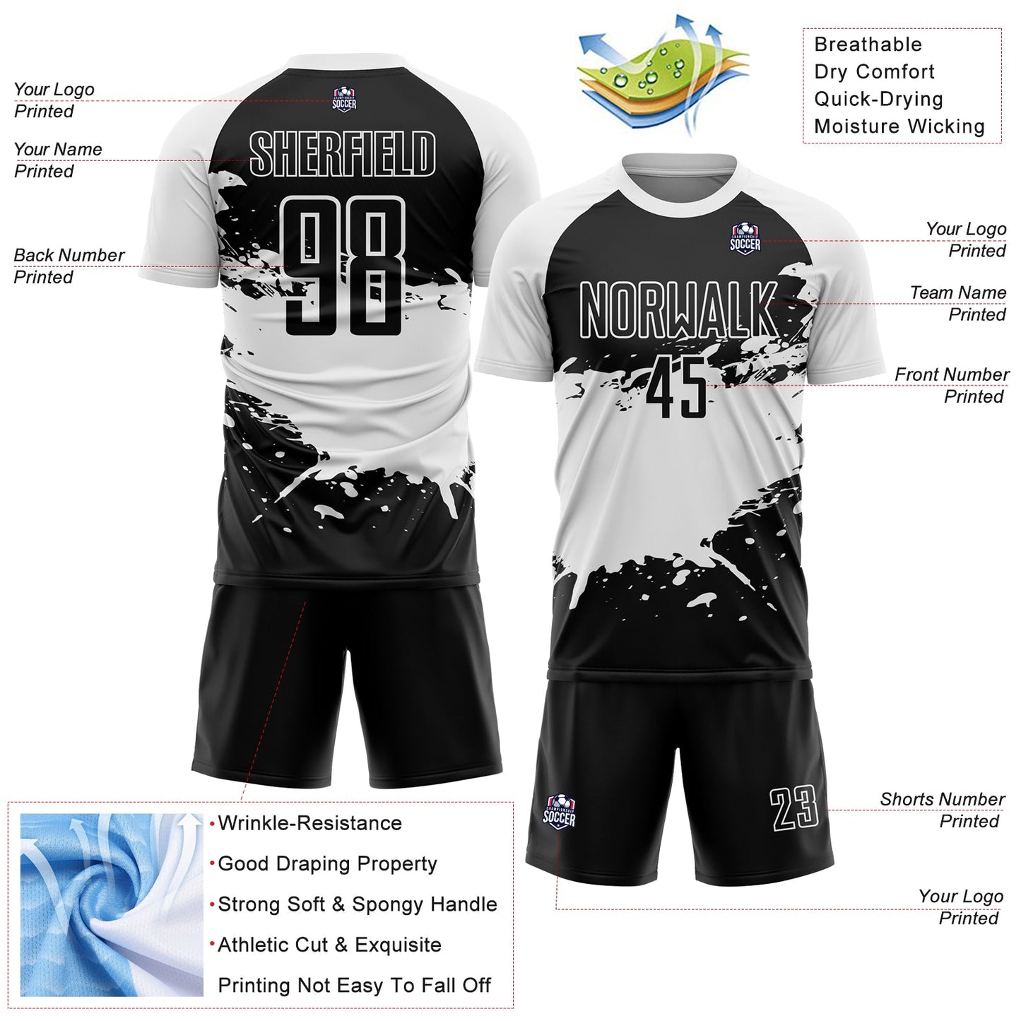 Custom Black White Splash Sublimation Soccer Uniform Jersey view 4