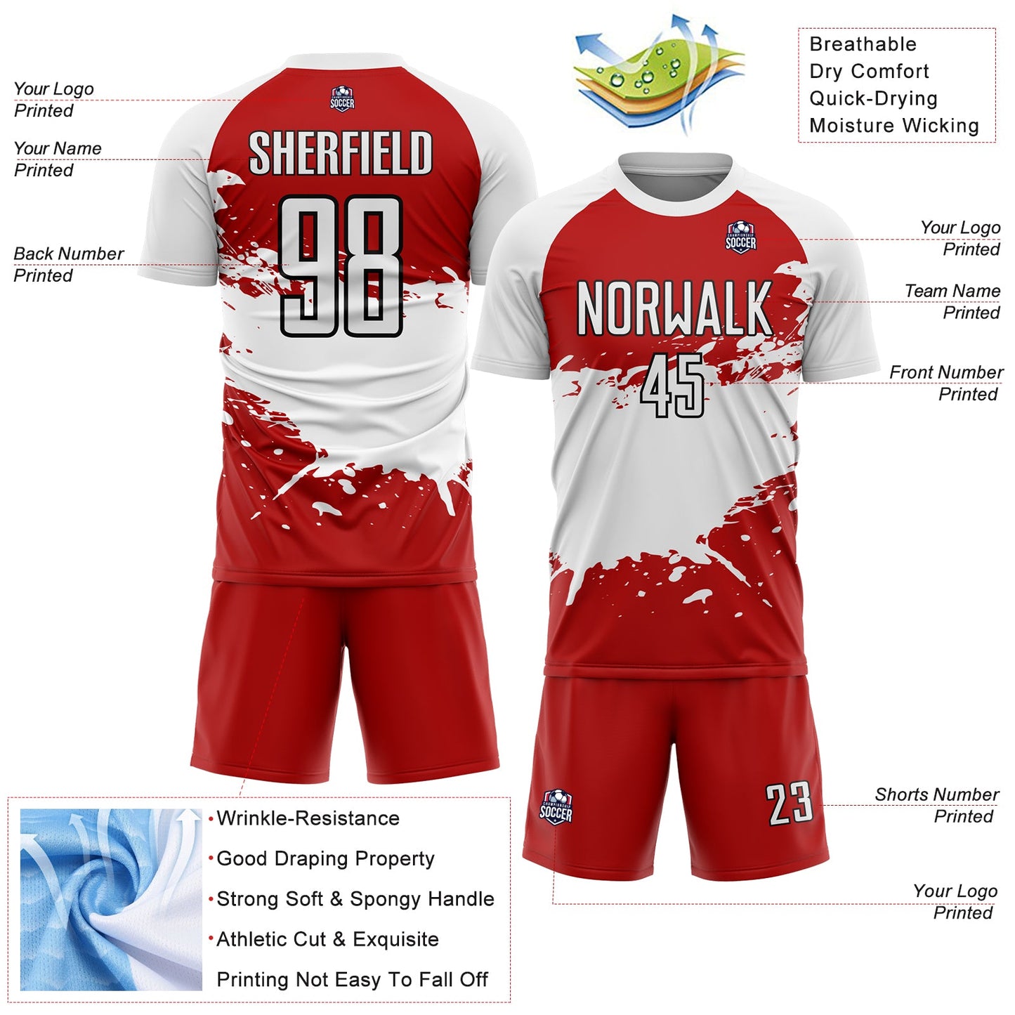 Custom Red White-Black Splash Sublimation Soccer Uniform Jersey view 4