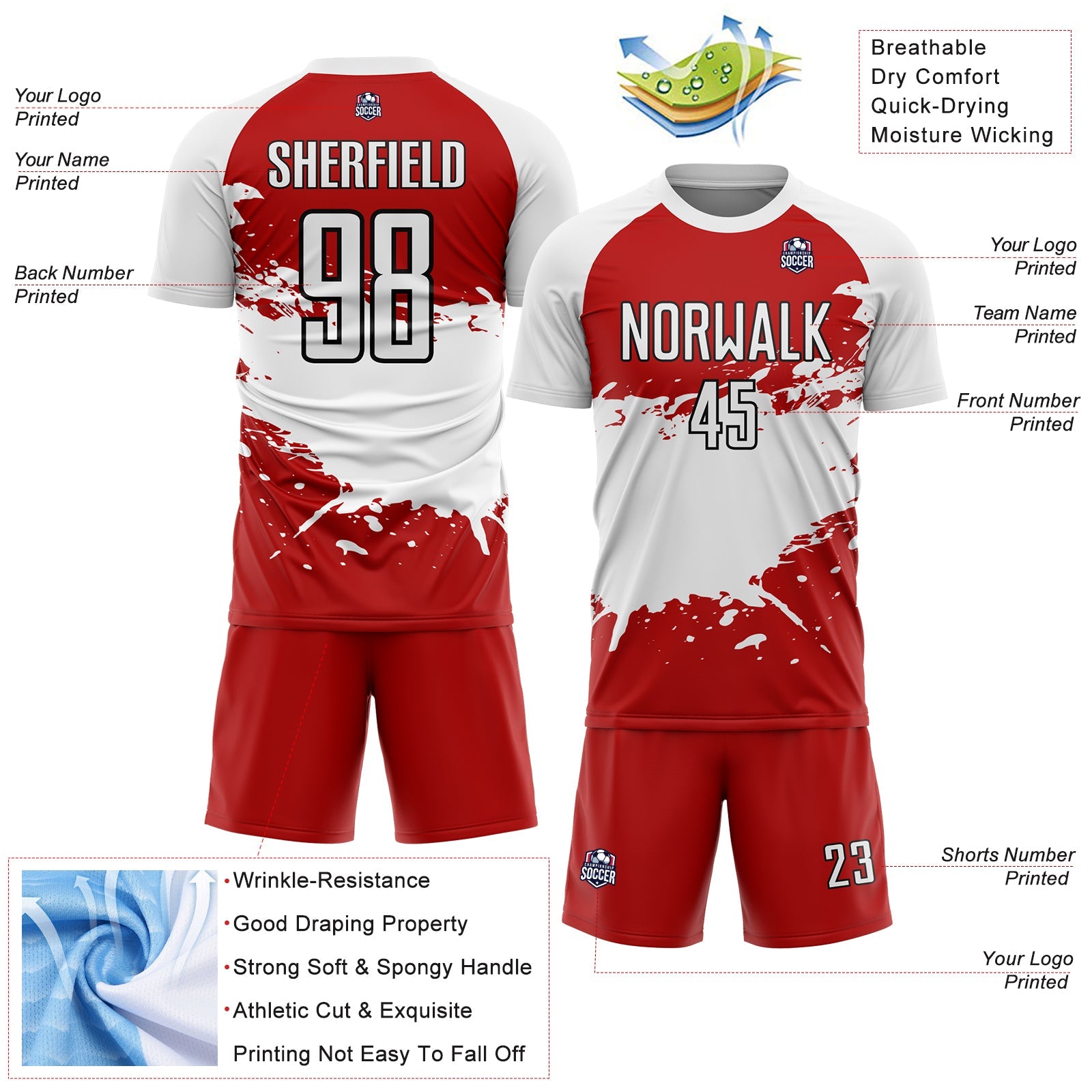 Custom Red White-Black Splash Sublimation Soccer Uniform Jersey view 4