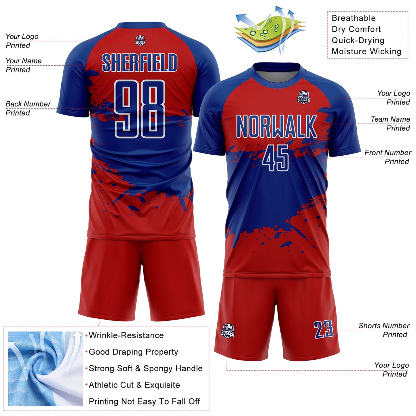 Custom Red Royal-White Splash Sublimation Soccer Uniform Jersey view 4