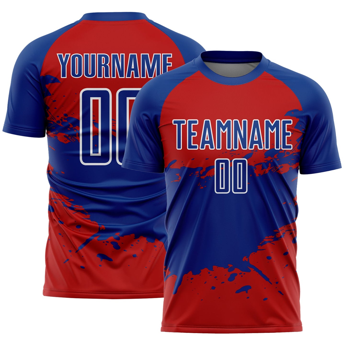 Custom Red Royal-White Splash Sublimation Soccer Uniform Jersey - Main View