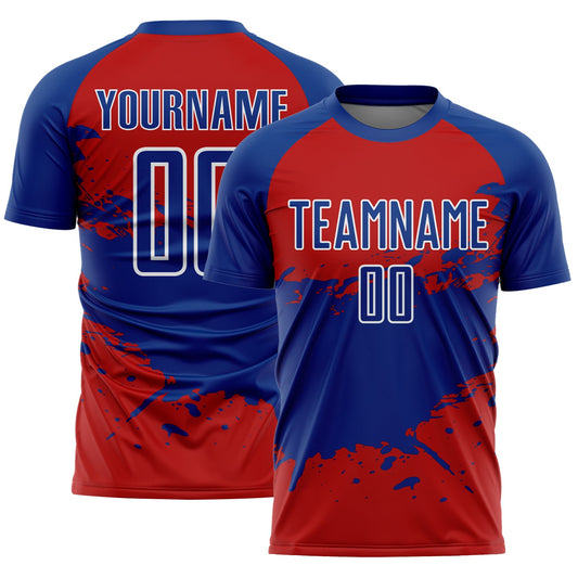 Custom Red Royal-White Splash Sublimation Soccer Uniform Jersey - Main View