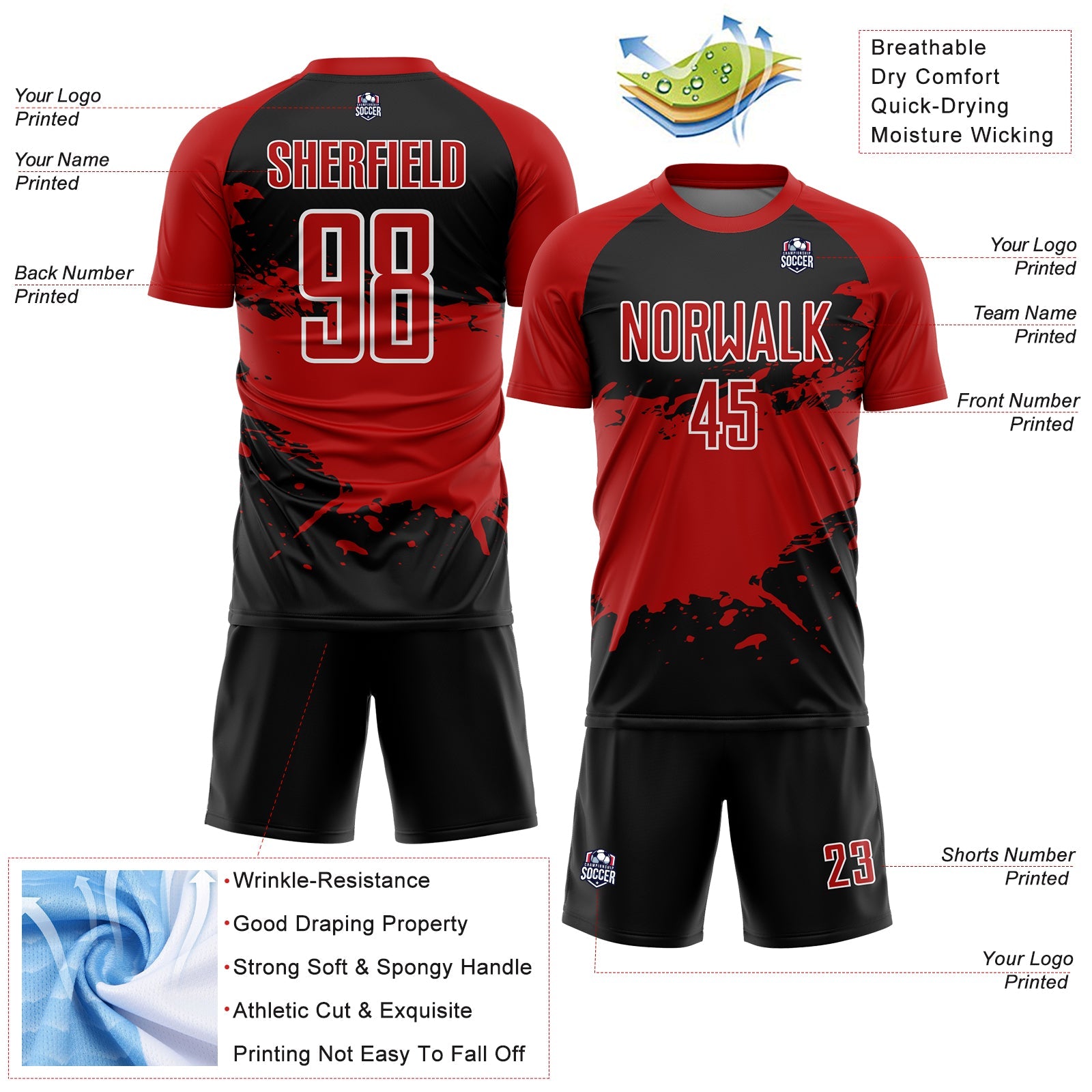 Custom Black Red-White Splash Sublimation Soccer Uniform Jersey view 4