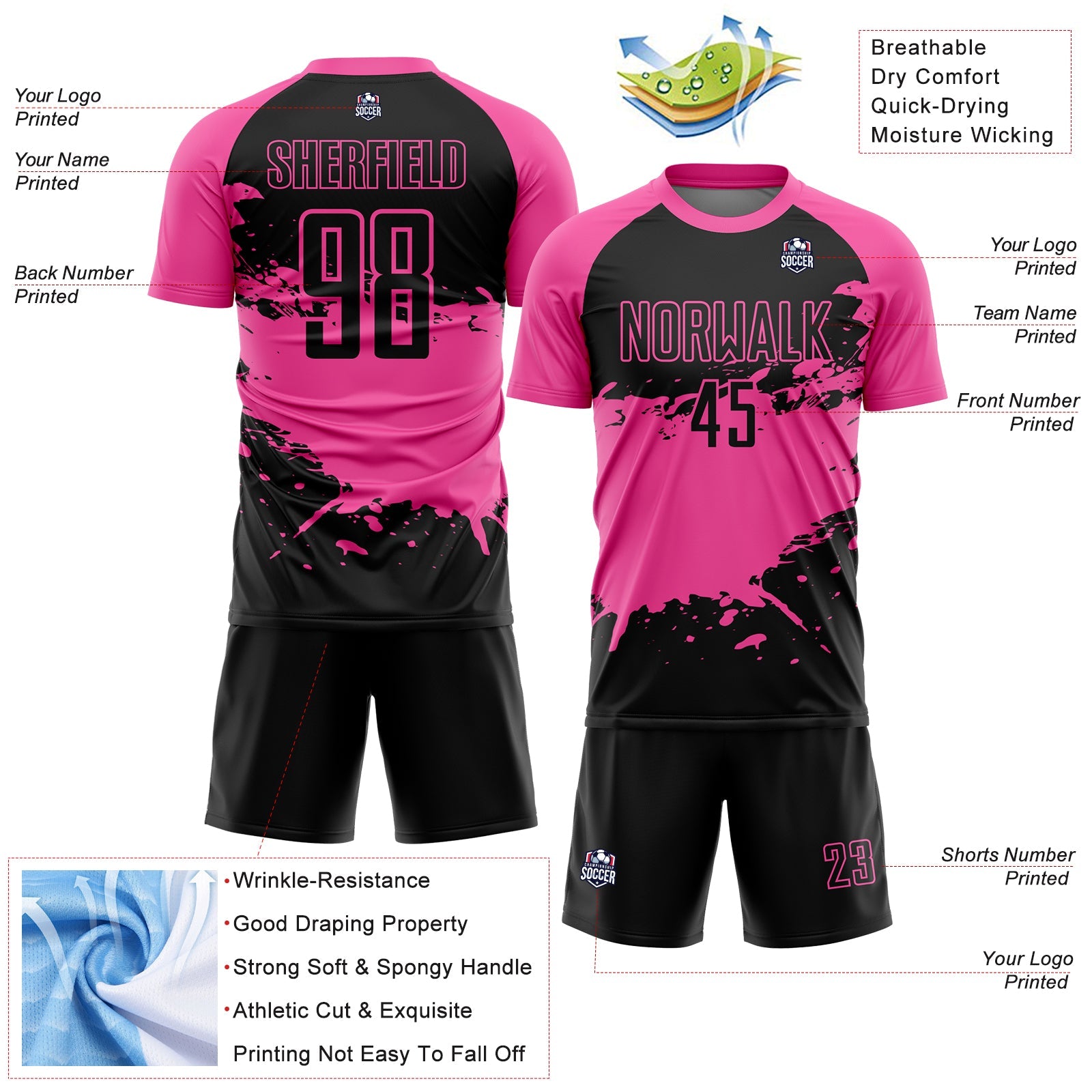 Custom Black Pink-White Splash Sublimation Soccer Uniform Jersey view 4