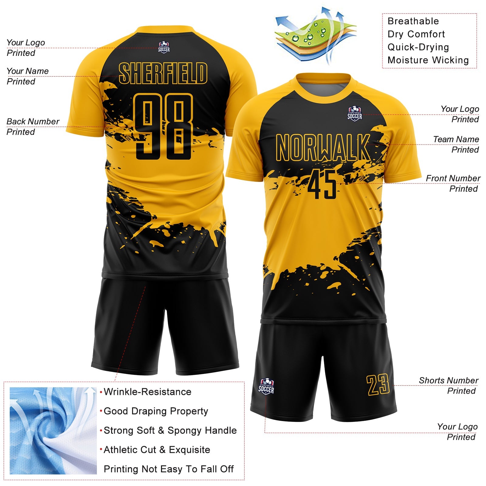 Custom Black Gold Splash Sublimation Soccer Uniform Jersey view 4