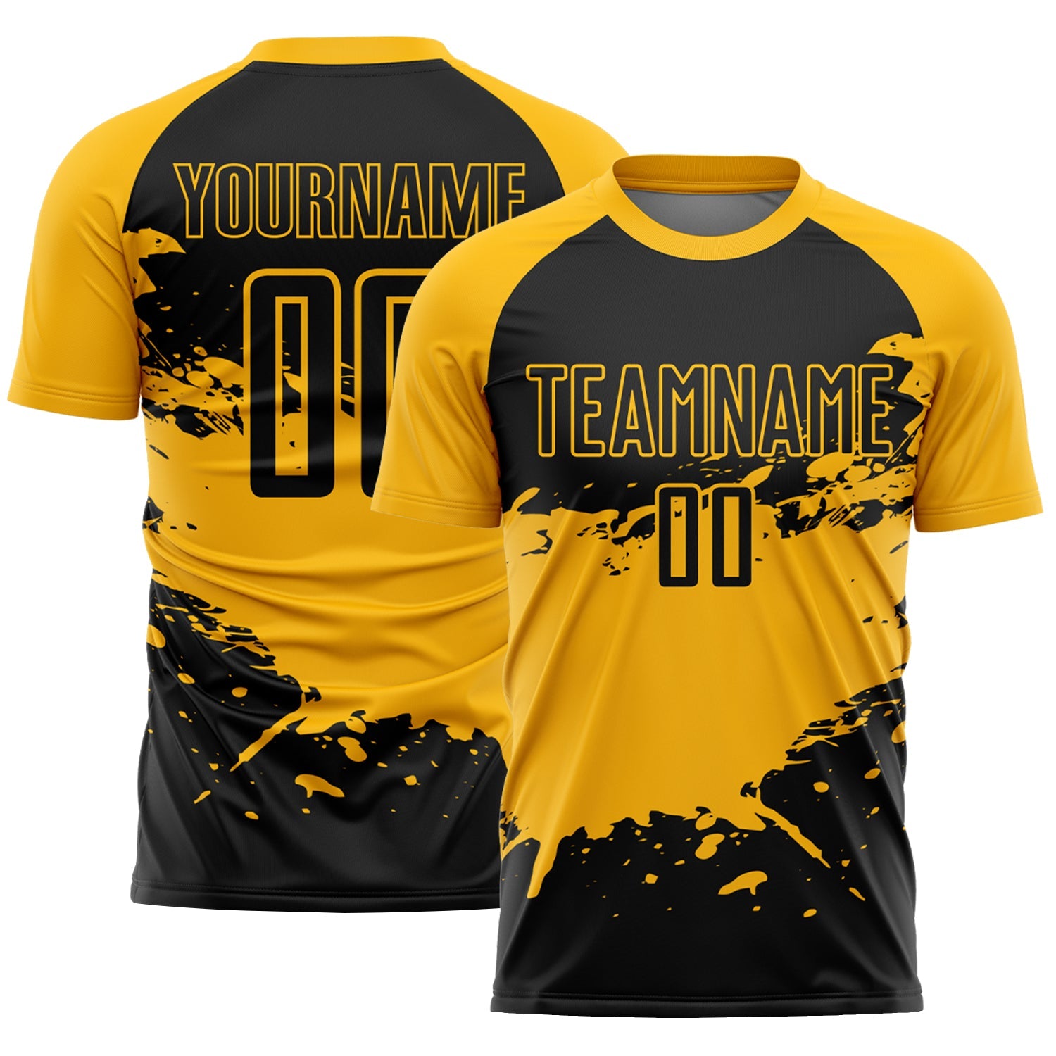 Custom Black Gold Splash Sublimation Soccer Uniform Jersey - Main View