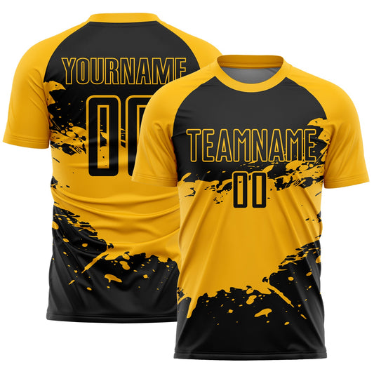 Custom Black Gold Splash Sublimation Soccer Uniform Jersey - Main View