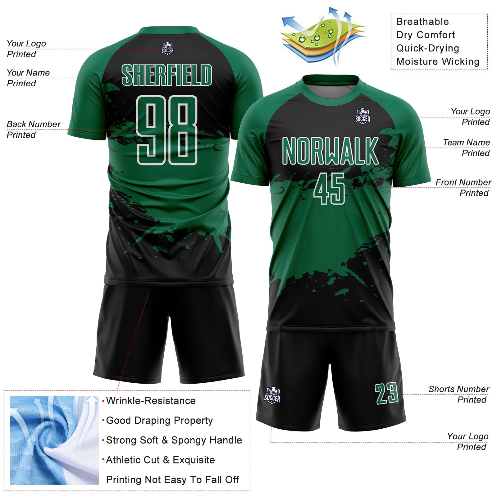 Custom Black Kelly Green-White Splash Sublimation Soccer Uniform Jersey view 4