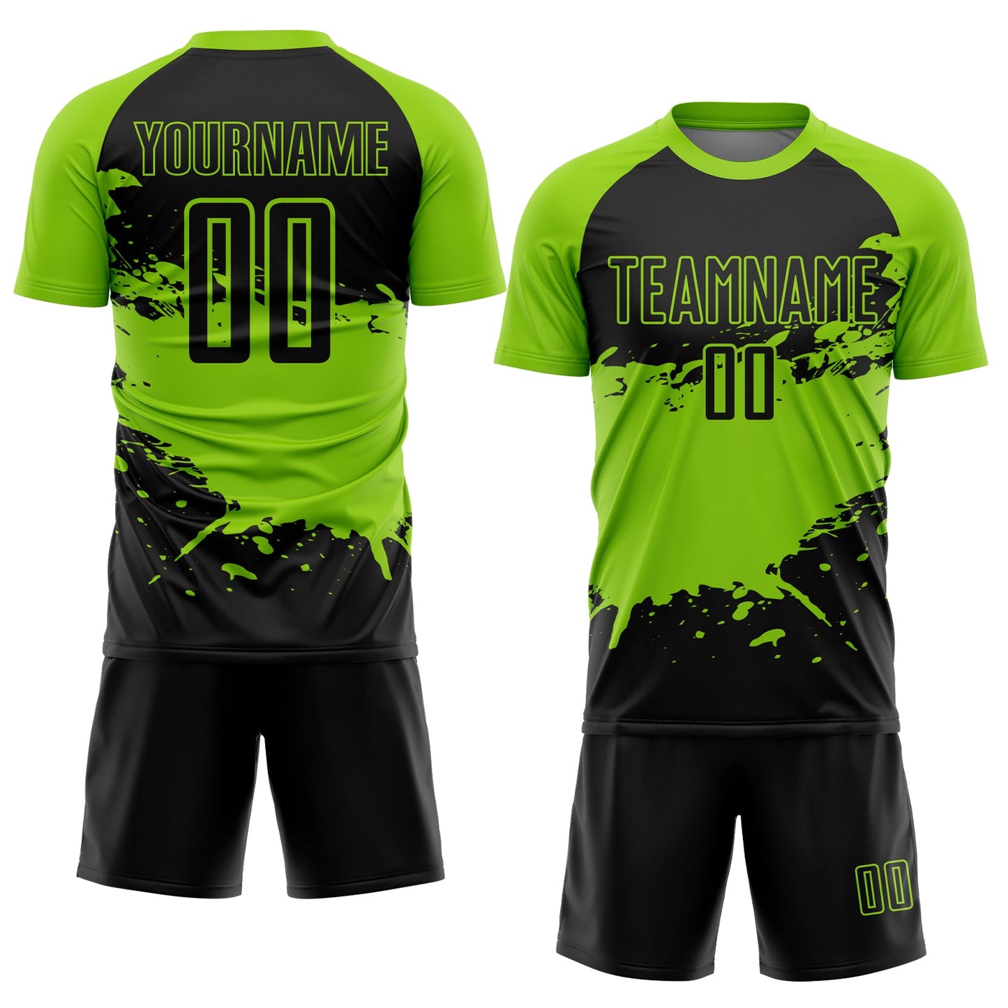 Custom Black Neon Green Splash Sublimation Soccer Uniform Jersey view 2