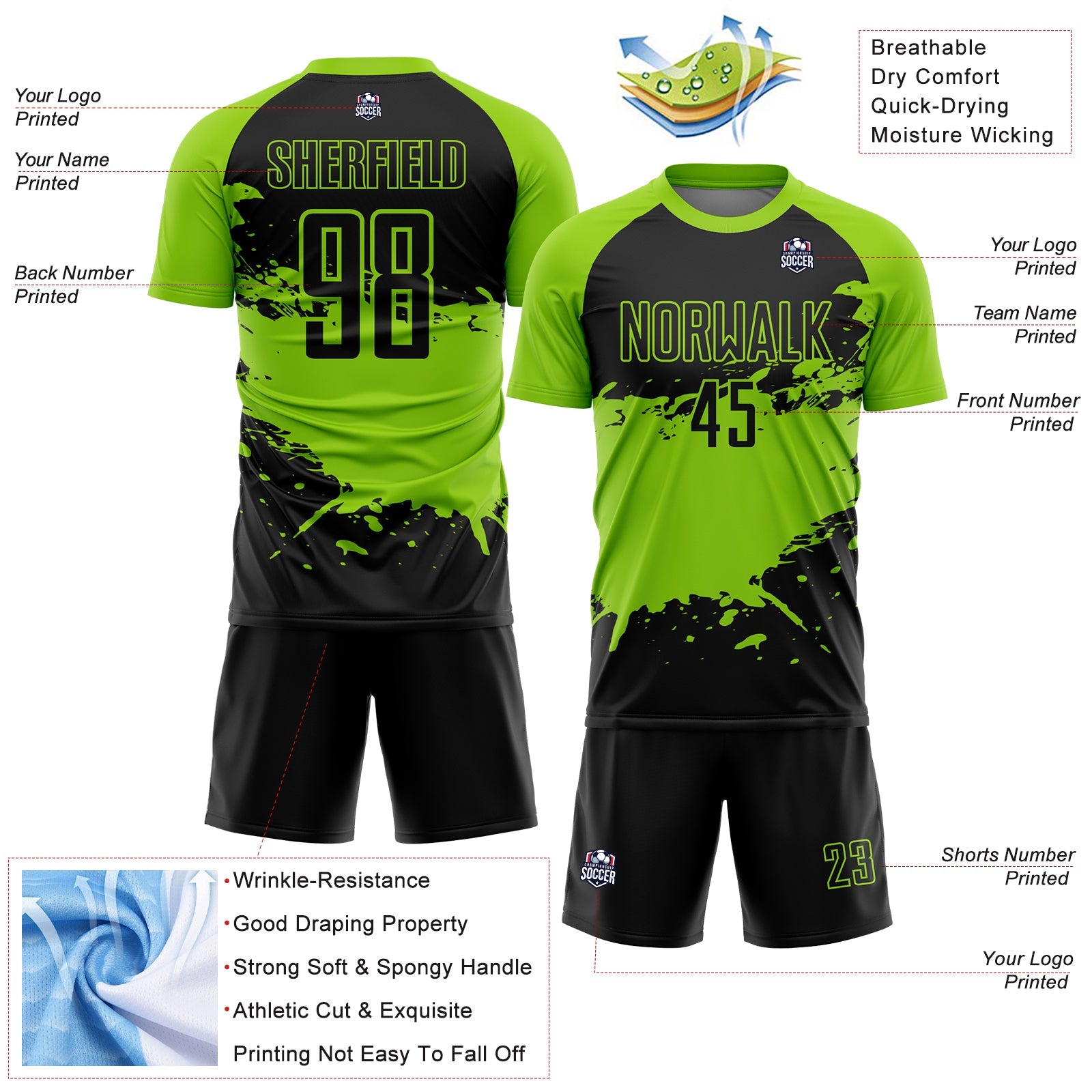 Custom Black Neon Green Splash Sublimation Soccer Uniform Jersey view 4