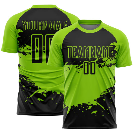 Custom Black Neon Green Splash Sublimation Soccer Uniform Jersey - Main View