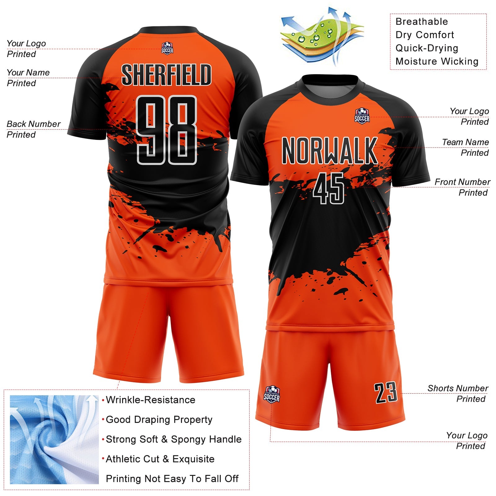 Custom Orange Black-White Splash Sublimation Soccer Uniform Jersey view 4