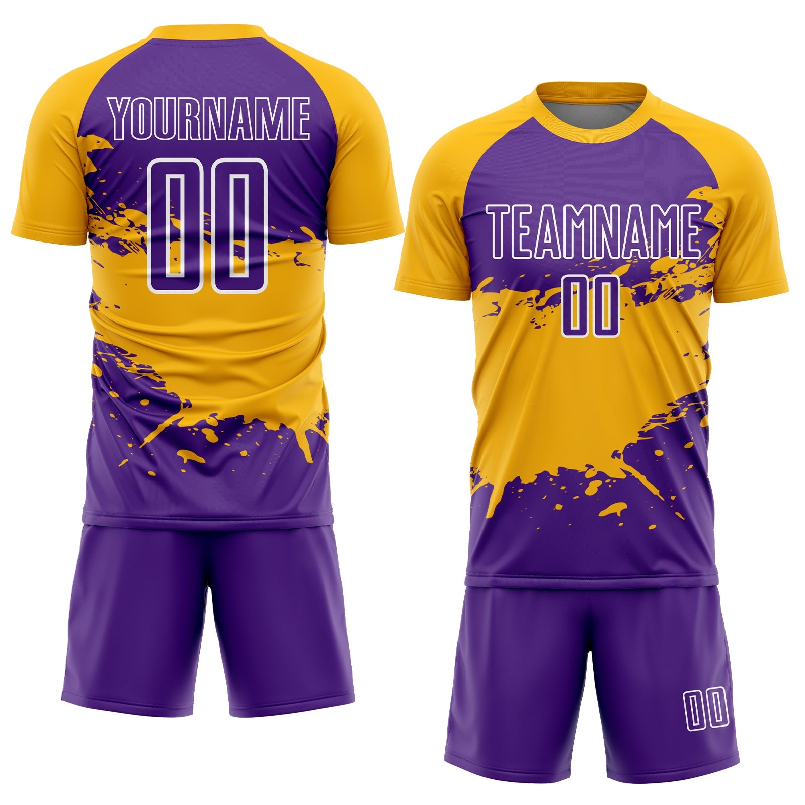 Custom Purple Gold-White Splash Sublimation Soccer Uniform Jersey view 2