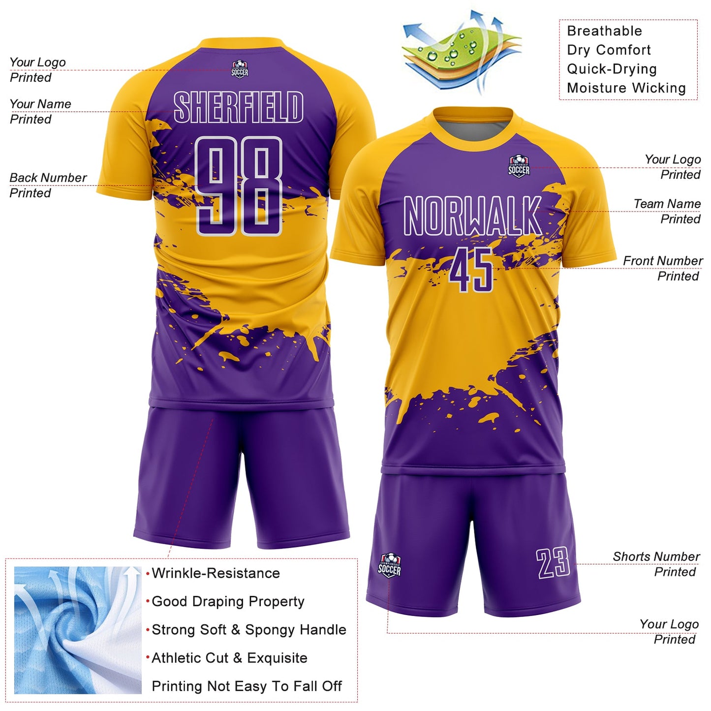 Custom Purple Gold-White Splash Sublimation Soccer Uniform Jersey view 4