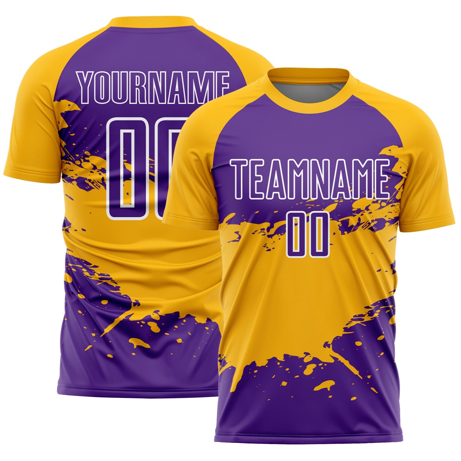 Custom Purple Gold-White Splash Sublimation Soccer Uniform Jersey - Main View