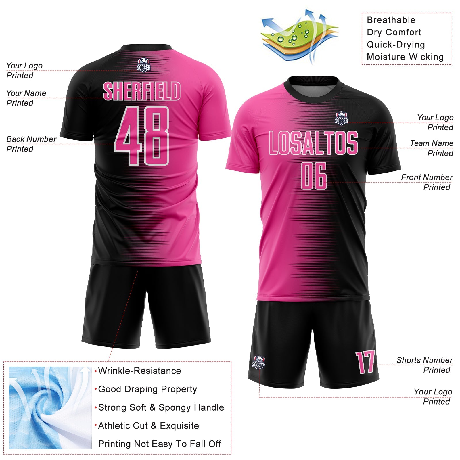 Custom Black Pink-White Gradient Line Sublimation Soccer Uniform Jersey view 4