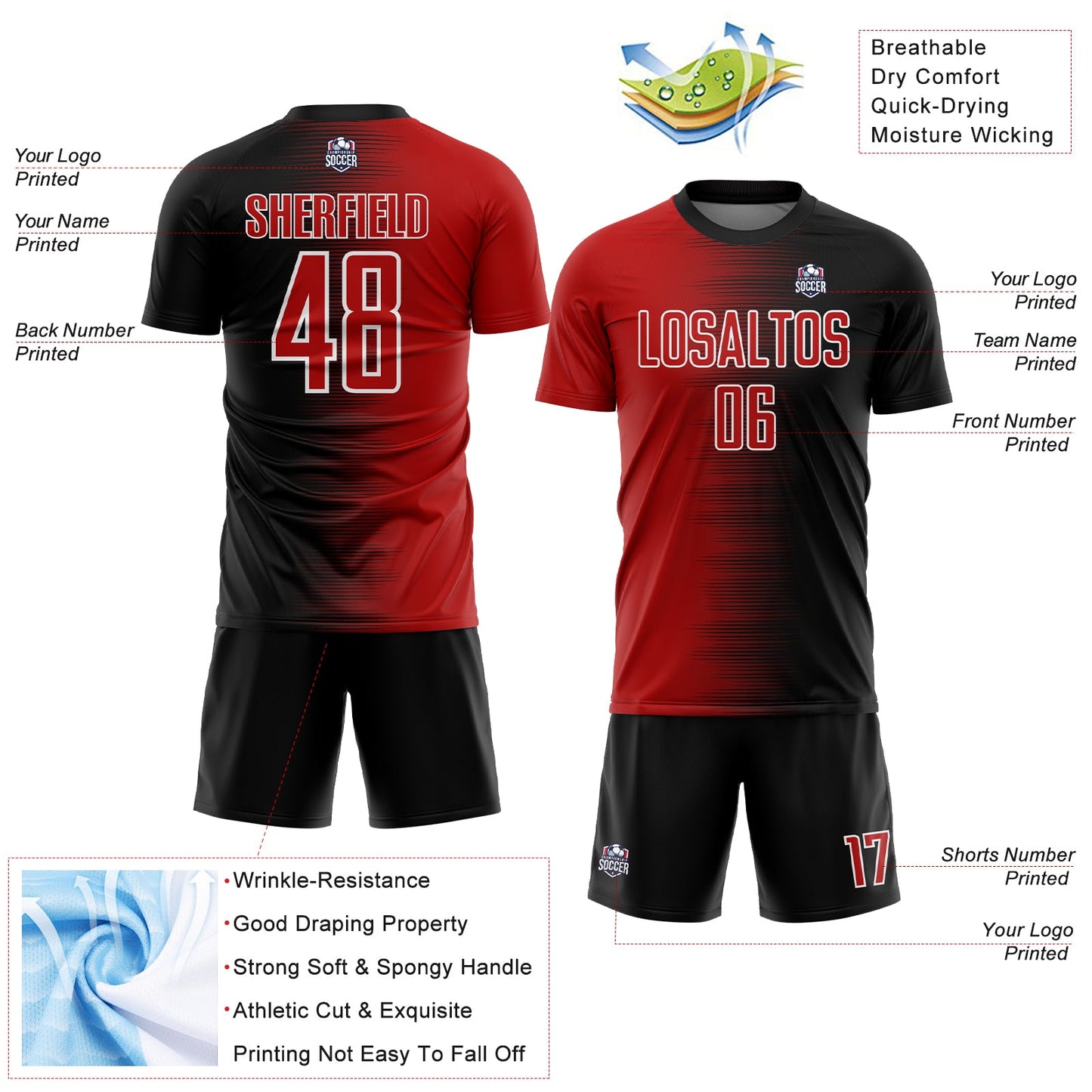 Custom Black Red-White Gradient Line Sublimation Soccer Uniform Jersey view 4