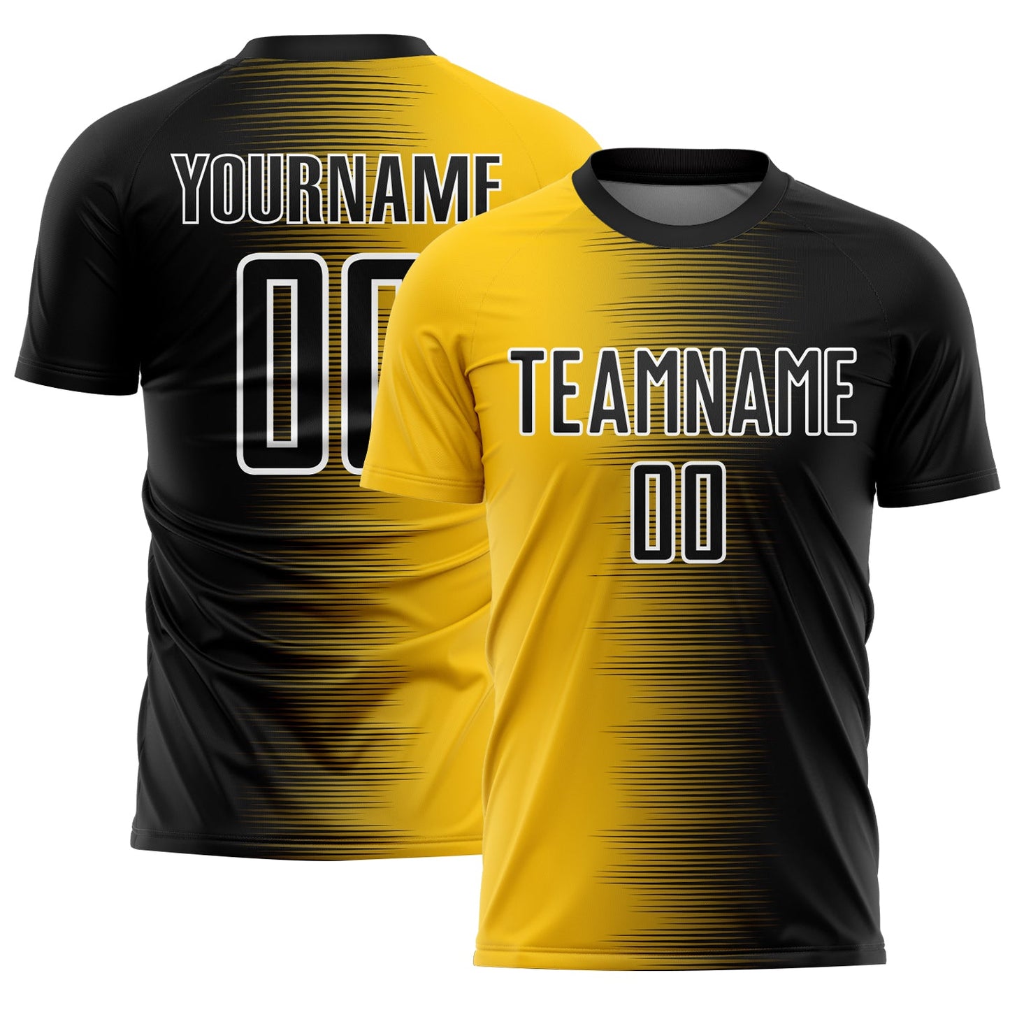 Custom Black Yellow-White Gradient Line Sublimation Soccer Uniform Jersey - Main View