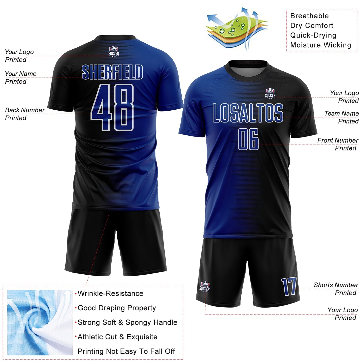 Custom Black Royal-White Gradient Line Sublimation Soccer Uniform Jersey view 4