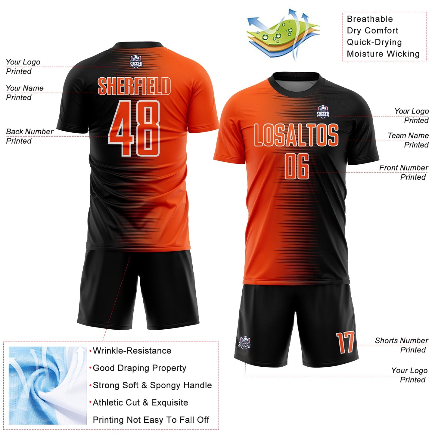 Custom Black Orange-White Gradient Line Sublimation Soccer Uniform Jersey view 4