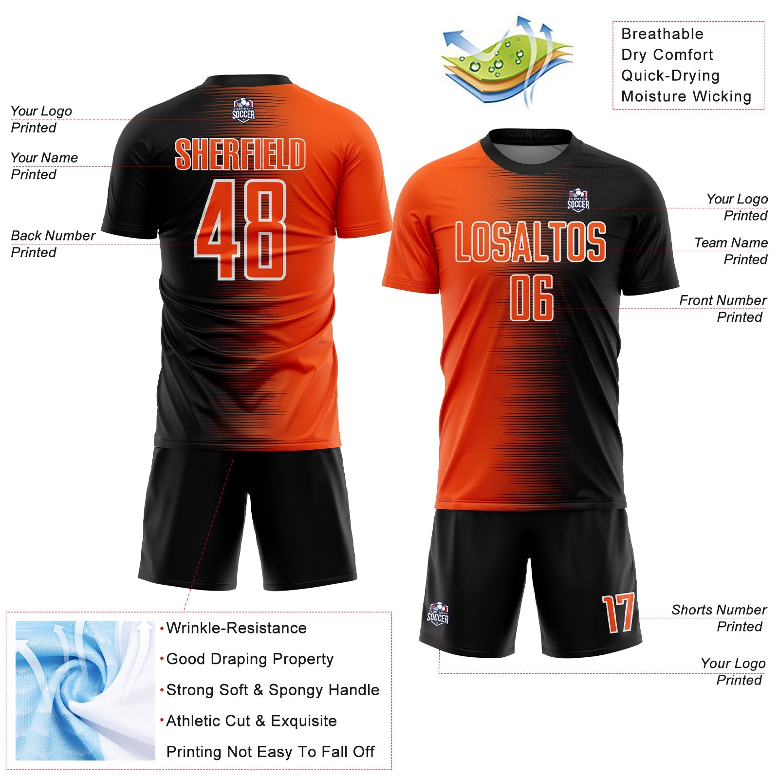 Custom Black Orange-White Gradient Line Sublimation Soccer Uniform Jersey view 4