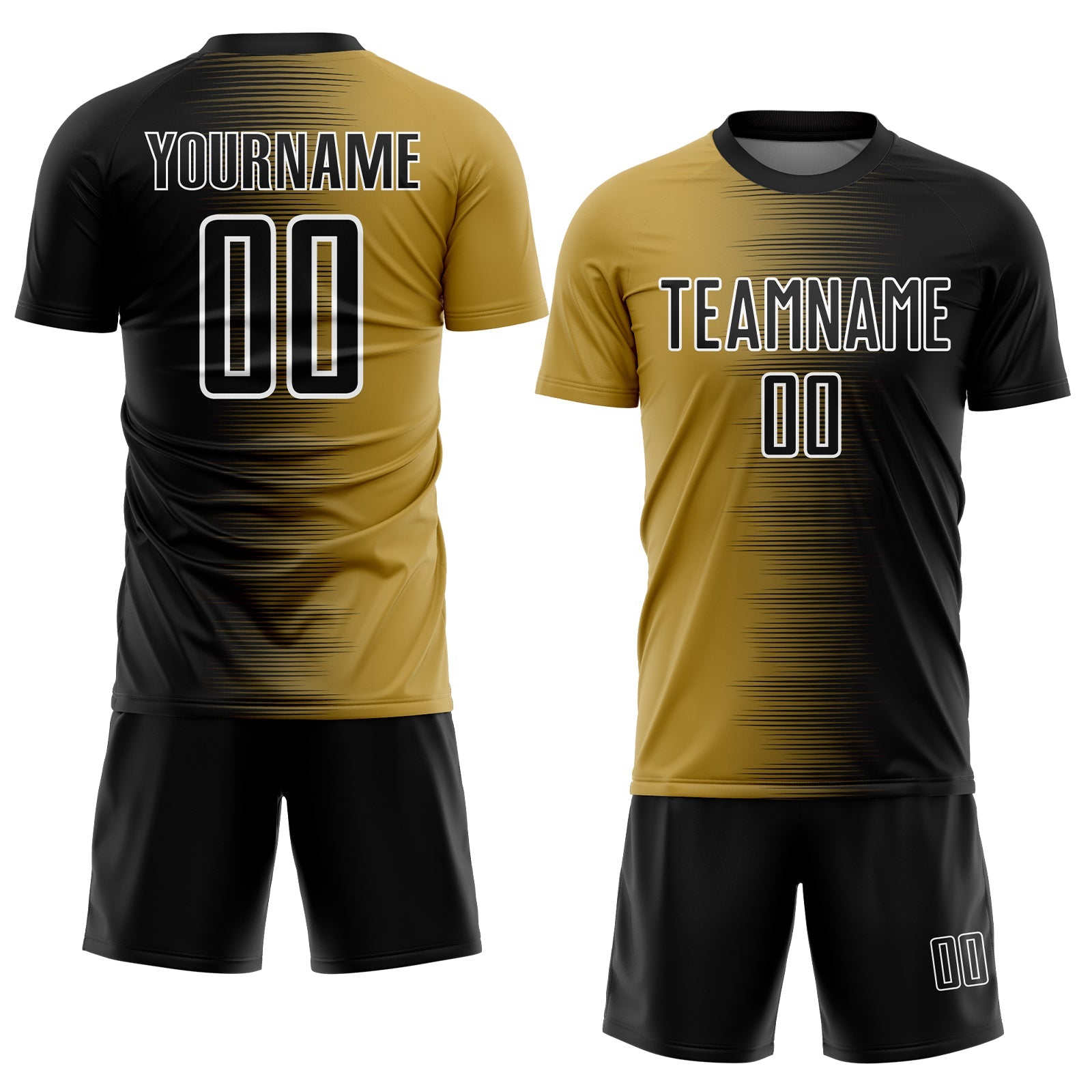 Custom Black Old Gold-White Gradient Line Sublimation Soccer Uniform Jersey view 2