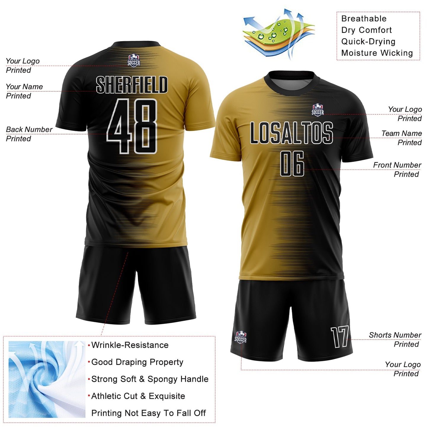 Custom Black Old Gold-White Gradient Line Sublimation Soccer Uniform Jersey view 4