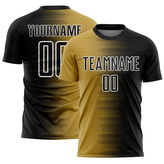 Custom Black Old Gold-White Gradient Line Sublimation Soccer Uniform Jersey - Main View