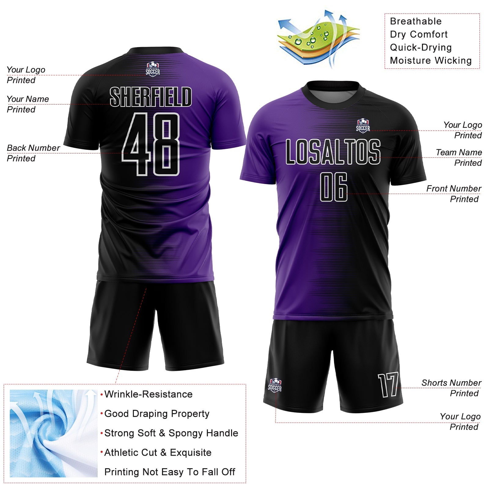 Custom Black Purple-White Gradient Line Sublimation Soccer Uniform Jersey view 4