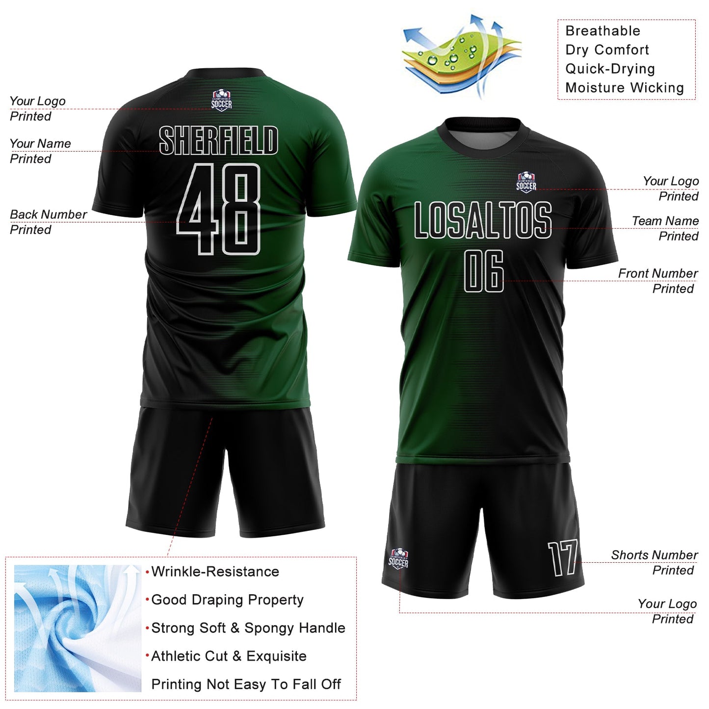 Custom Black Green-White Gradient Line Sublimation Soccer Uniform Jersey view 4