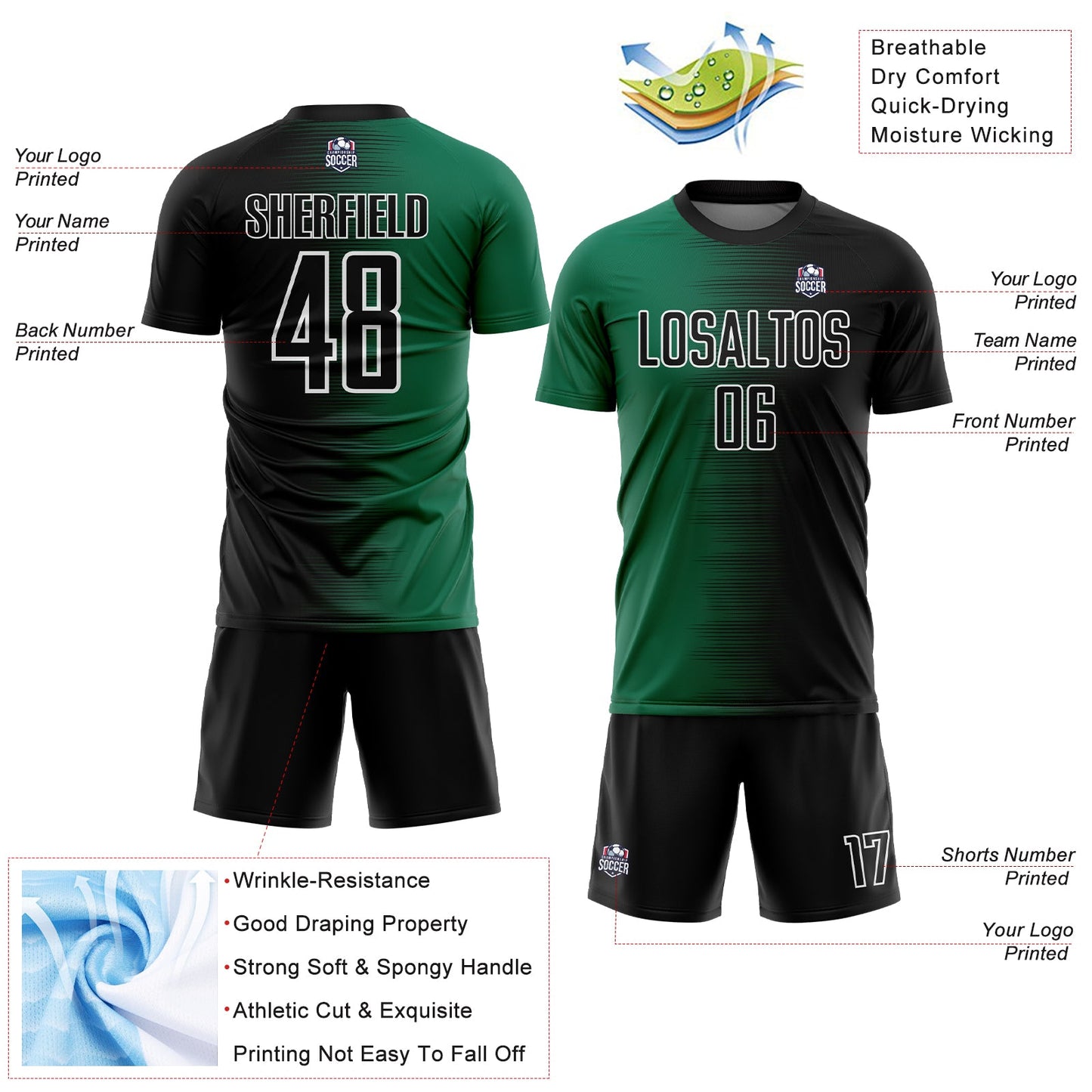 Custom Black Kelly Green-White Gradient Line Sublimation Soccer Uniform Jersey view 4