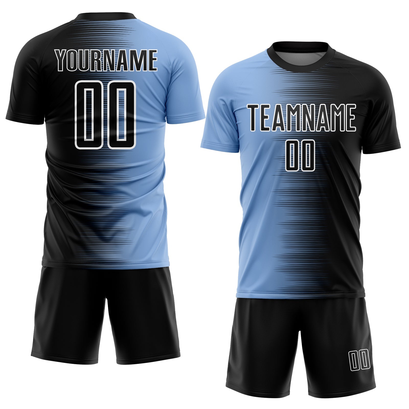 Custom Black Light Blue-White Gradient Line Sublimation Soccer Uniform Jersey view 2