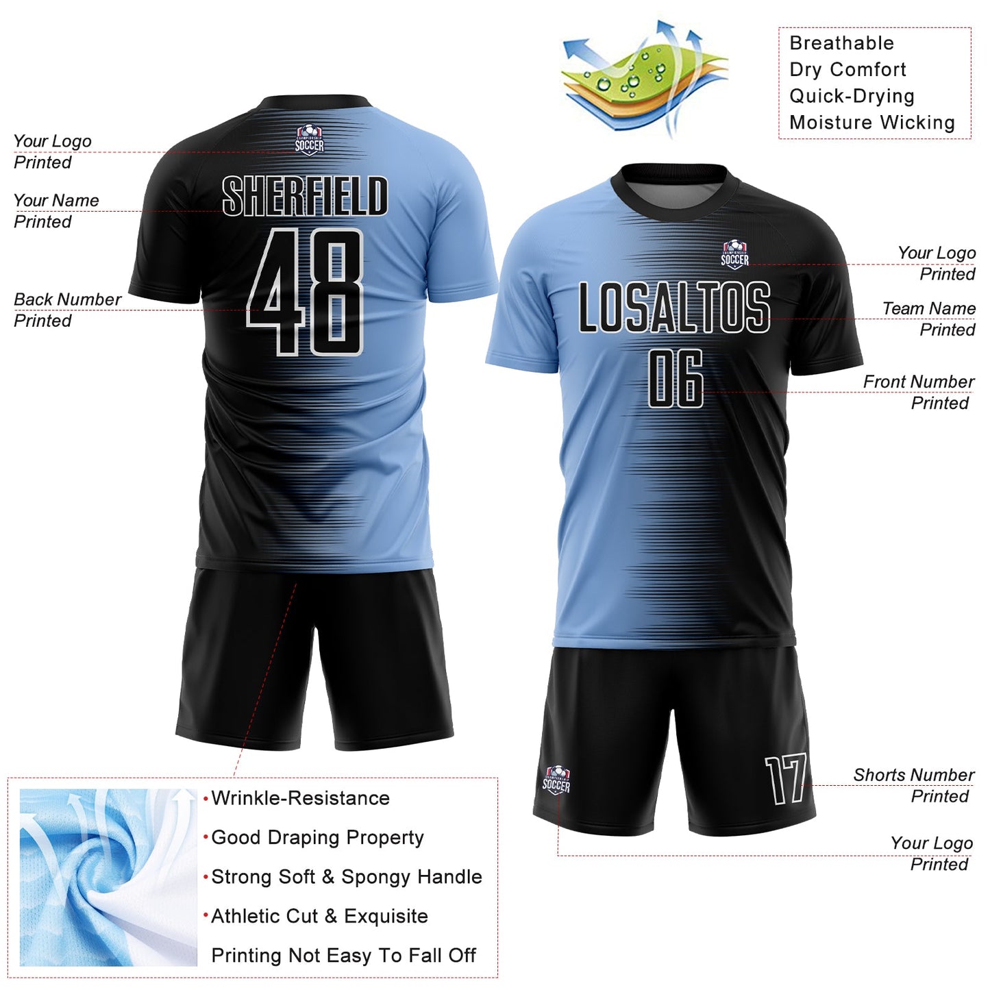 Custom Black Light Blue-White Gradient Line Sublimation Soccer Uniform Jersey view 4