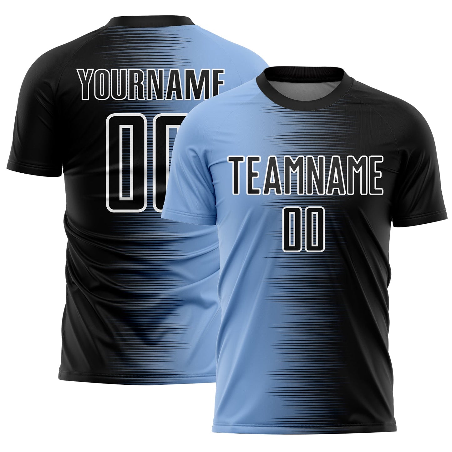 Custom Black Light Blue-White Gradient Line Sublimation Soccer Uniform Jersey - Main View