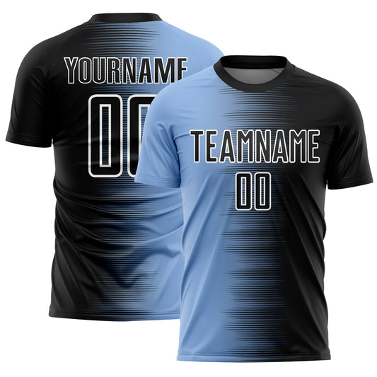Custom Black Light Blue-White Gradient Line Sublimation Soccer Uniform Jersey - Main View