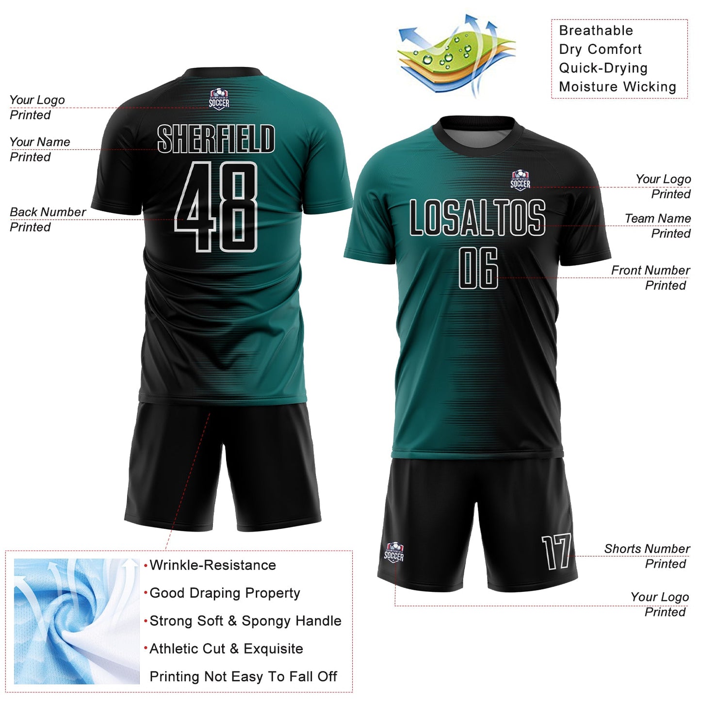 Custom Black Teal-White Gradient Line Sublimation Soccer Uniform Jersey view 4