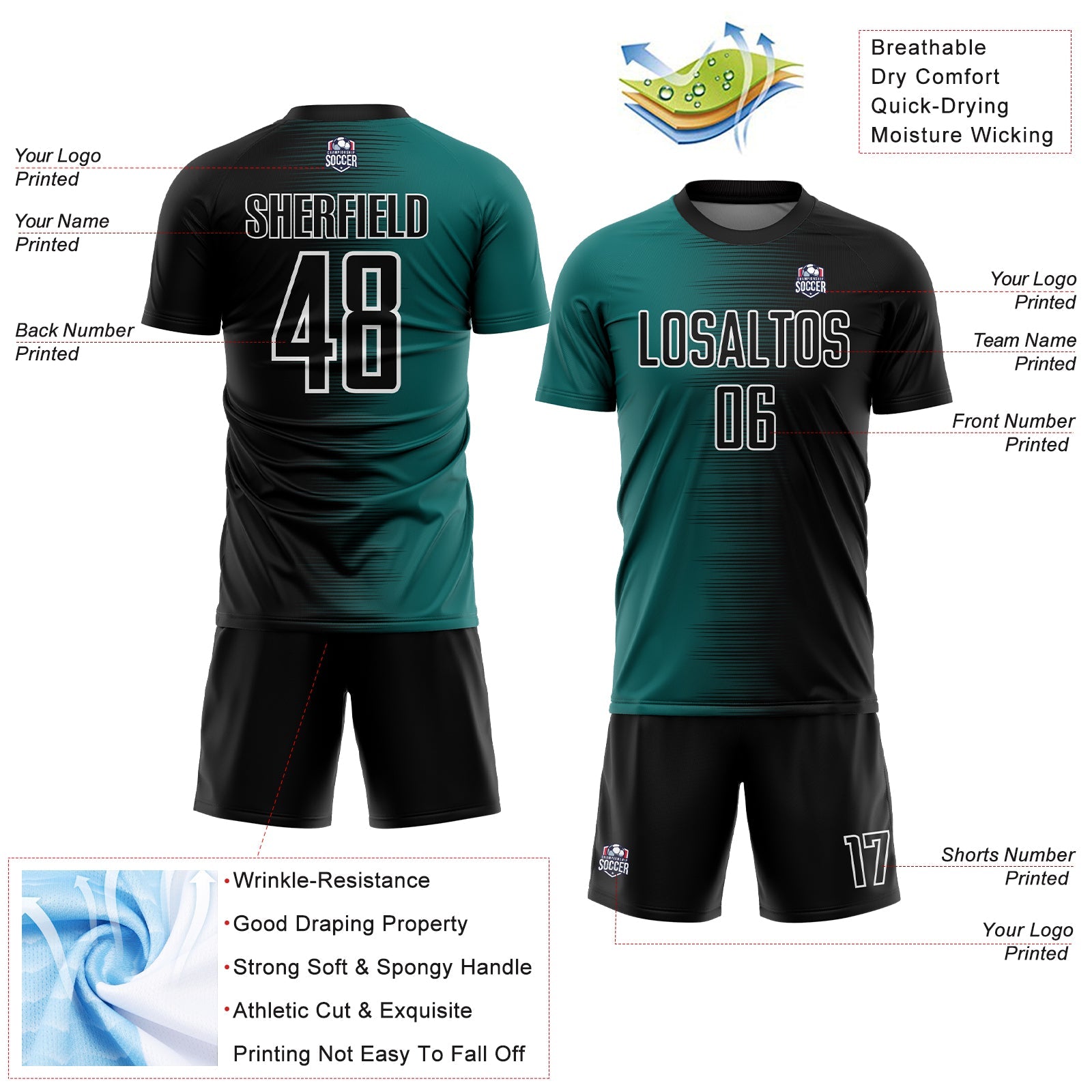 Custom Black Teal-White Gradient Line Sublimation Soccer Uniform Jersey view 4
