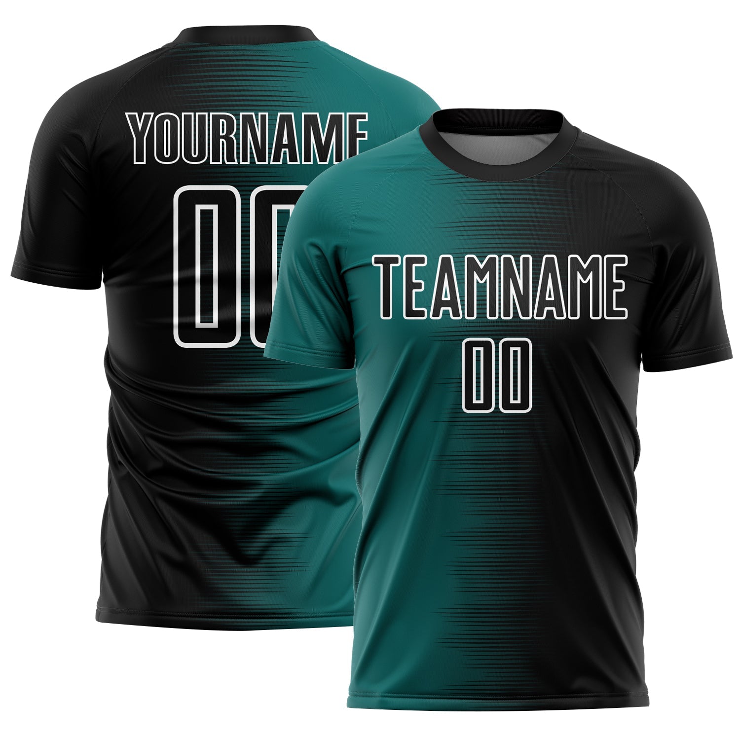 Custom Black Teal-White Gradient Line Sublimation Soccer Uniform Jersey - Main View