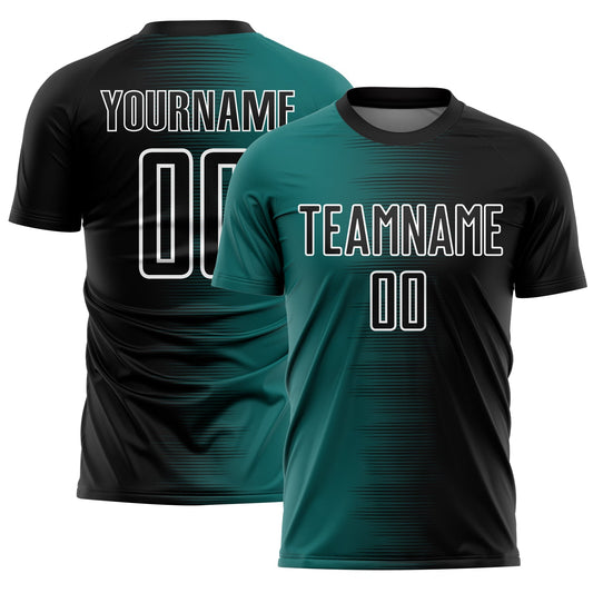 Custom Black Teal-White Gradient Line Sublimation Soccer Uniform Jersey - Main View